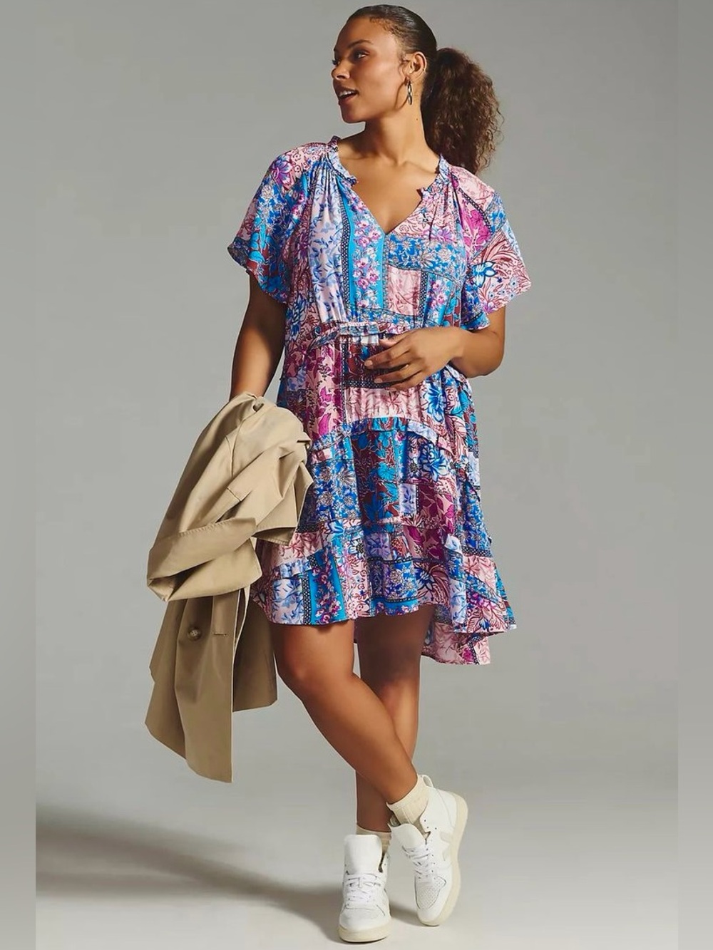 Anthropologie Robin Tiered Mini Dress Patchwork Print